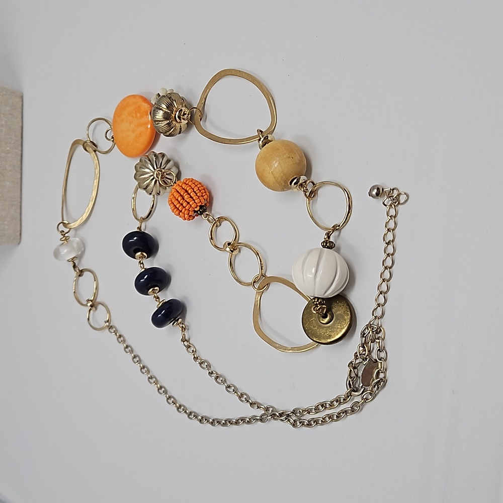 Laura Ashley Long Pumpkin Theme Necklace Orange Gold Tone Fall Halloween